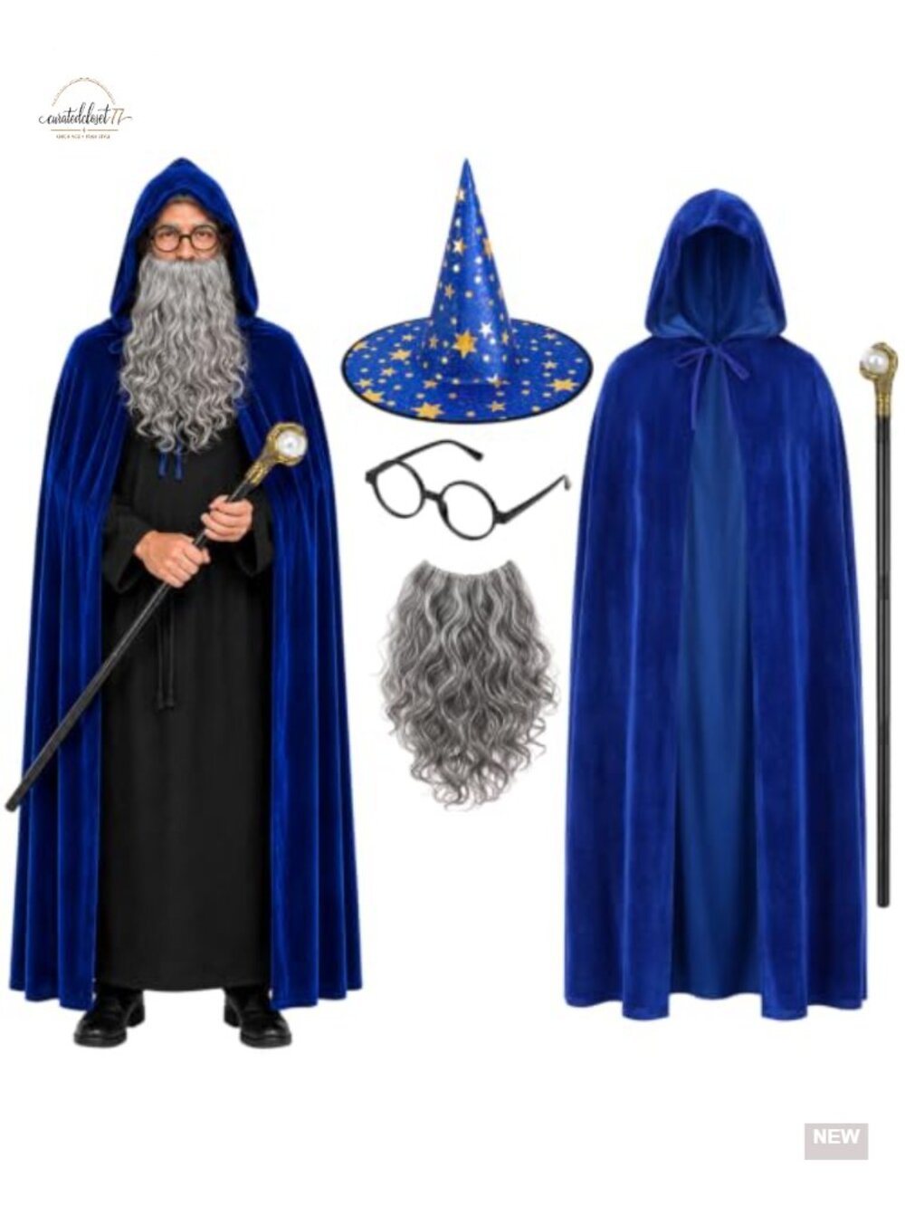Velvet Wizard Costume Set Hooded Cloak Hat Wand Halloween Cosplay Adult